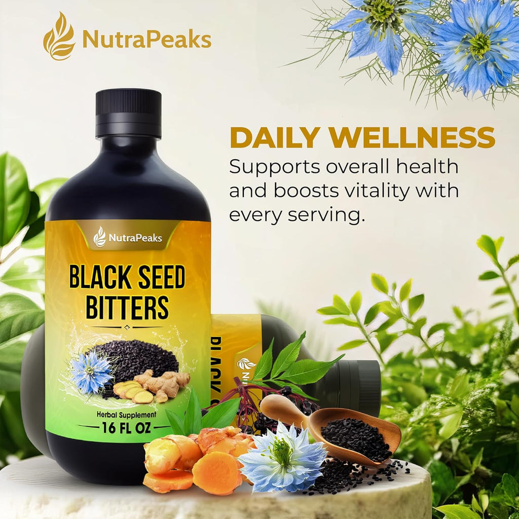 Black Seed Oil Bitters Liquid - 16 fl oz - Premium Herbal Blend with Black Seed Extract, Curcumin (Turmeric Extract), Ashwagandha, Elderberry, Probiotics, Vitamin C, Zinc