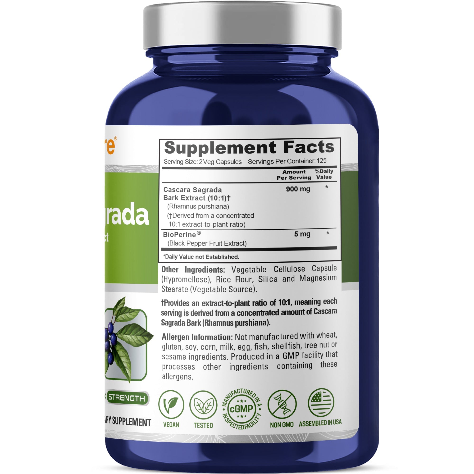 NusaPure Cascara Sagrada 10:1 Extract, 900 mg per Veggie Caps - 180 Capsules (Non-GMO, Vegan)